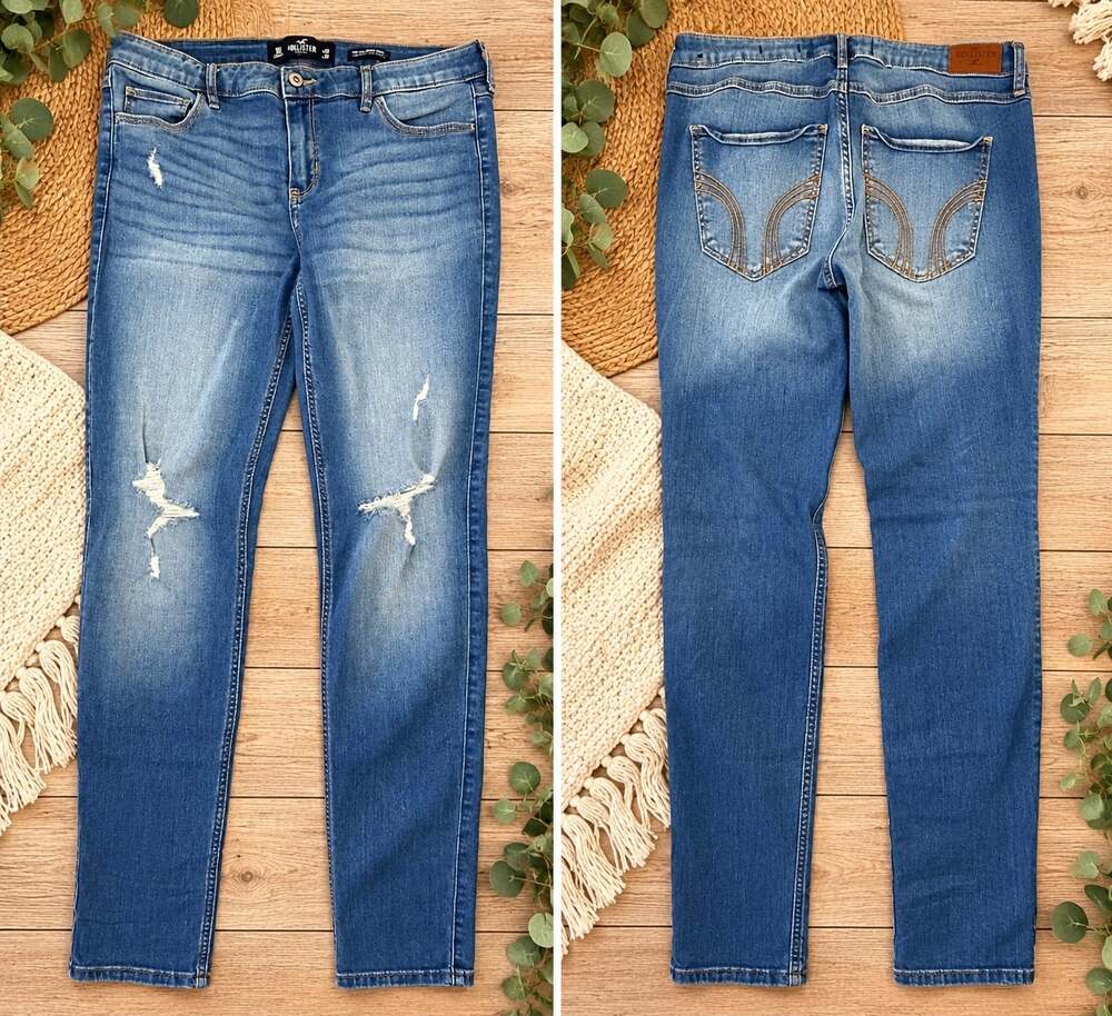 Hollister Mid Rise Super Skinny Distressed Jeans W32 L32 Blue Classic Stretch